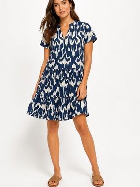 La Plage XS 100% Cotton Navy and White Printed Short Sleeve Tiered Dress